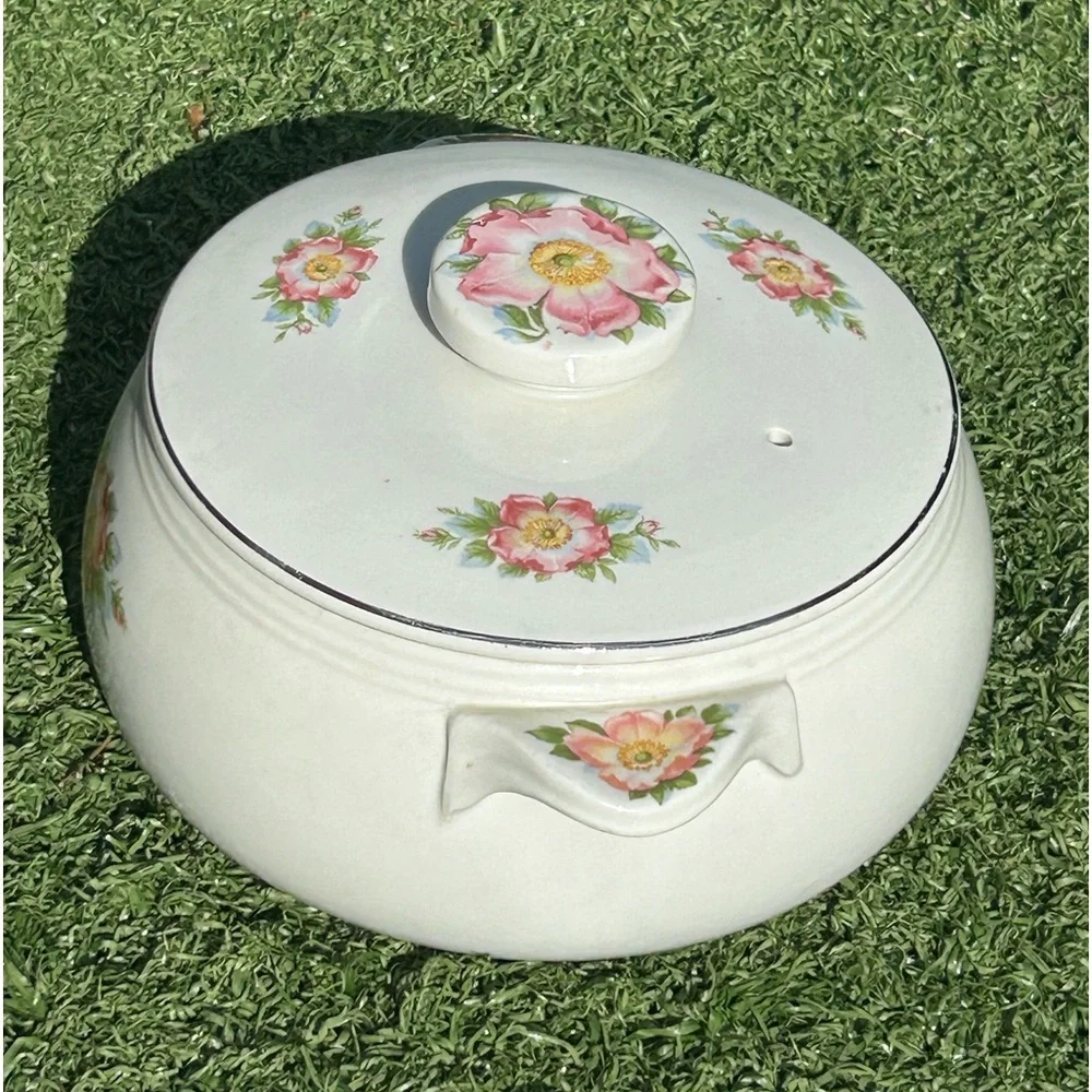 Vintage 1950s Halls Rose White 658 Stoneware Casserole Dish & Lid MCM Made USA